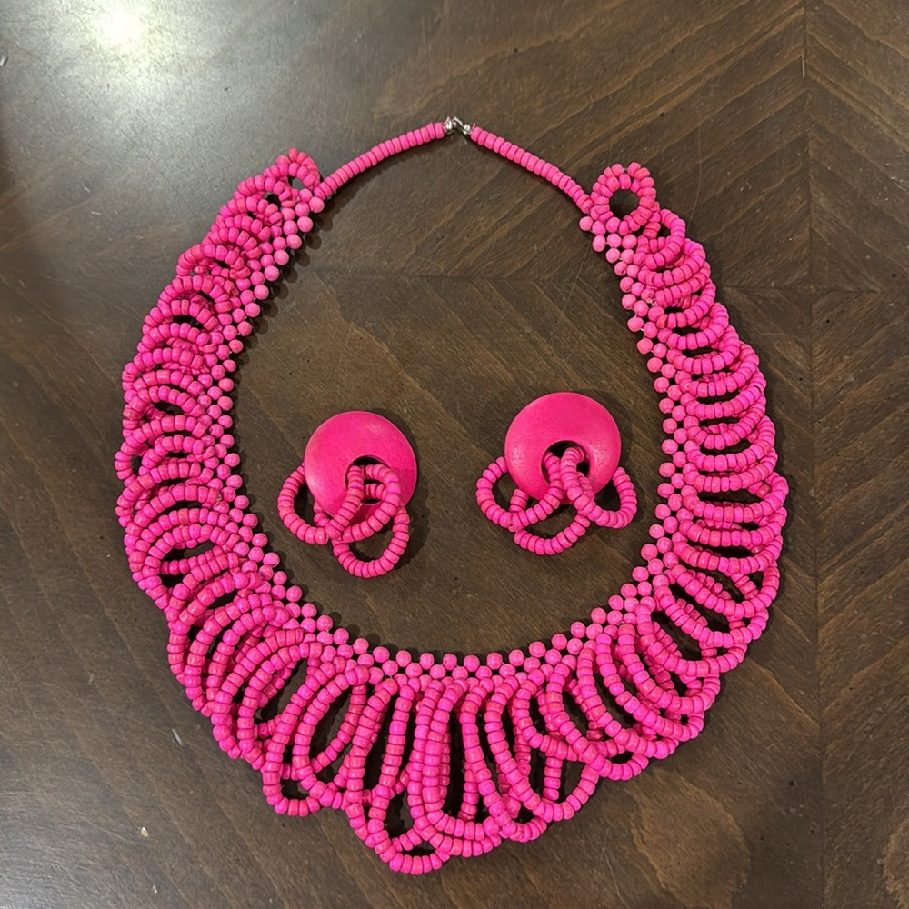 Vintage Vibrant Pink Beaded Necklace and Earring Set